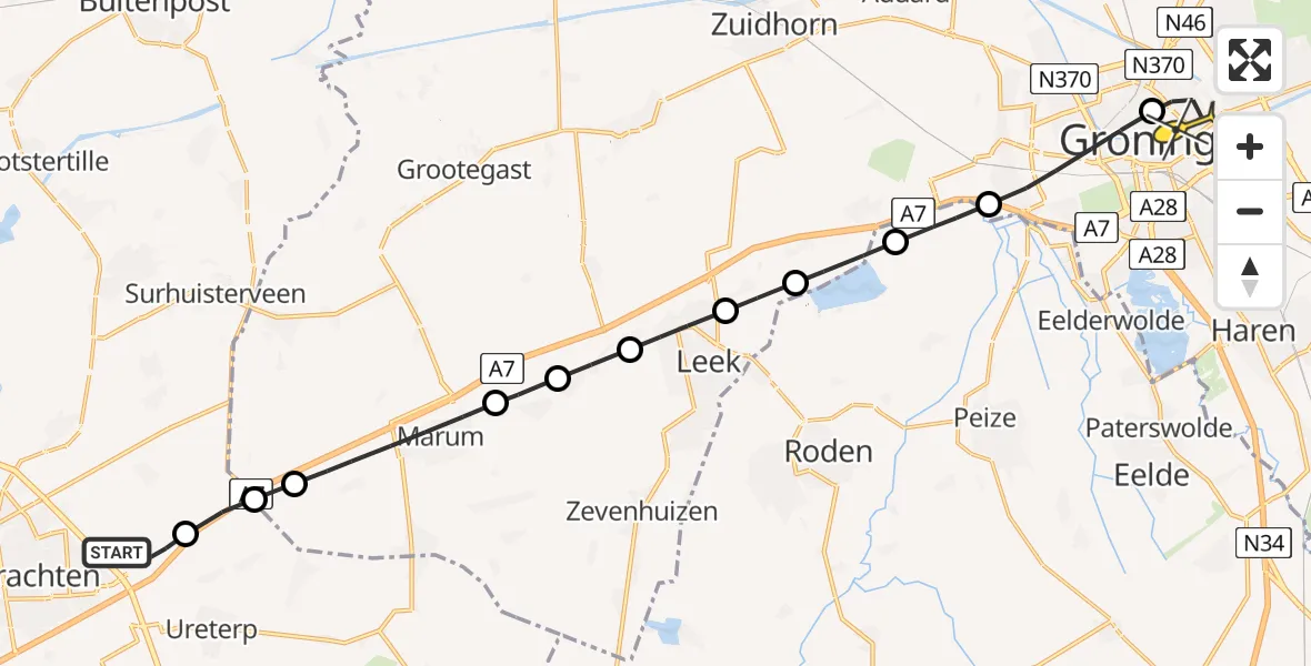 Routekaart van de vlucht: Ambulanceheli naar Universitair Medisch Centrum Groningen, Nipkowlaan