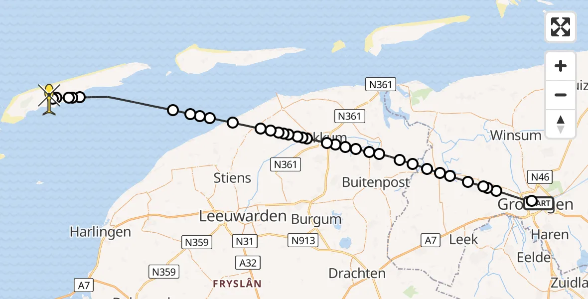 Routekaart van de vlucht: Ambulancehelikopter naar Midsland, Kamerlingheplein