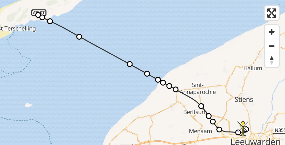 Routekaart van de vlucht: Ambulanceheli naar Vliegbasis Leeuwarden, Tuintjesweg