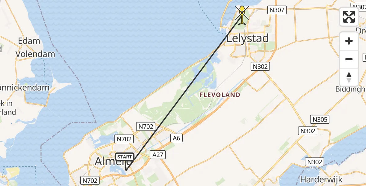 Routekaart van de vlucht: Politieheli naar Lelystad, Kapitein de Langestraat