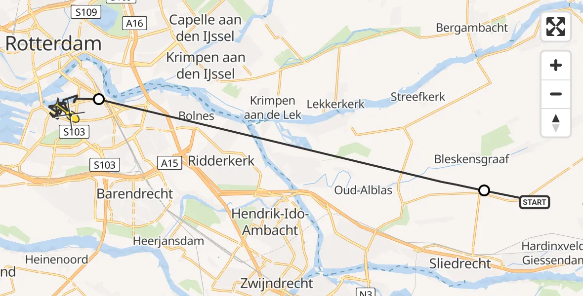 Routekaart van de vlucht: Politieheli naar Rotterdam, Bleskensgraaf N214