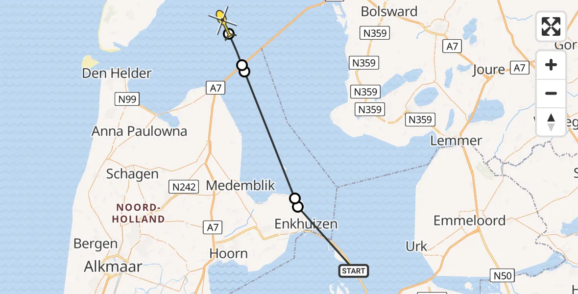 Routekaart van de vlucht: Politiehelikopter naar Oosterend, Oosterdijk