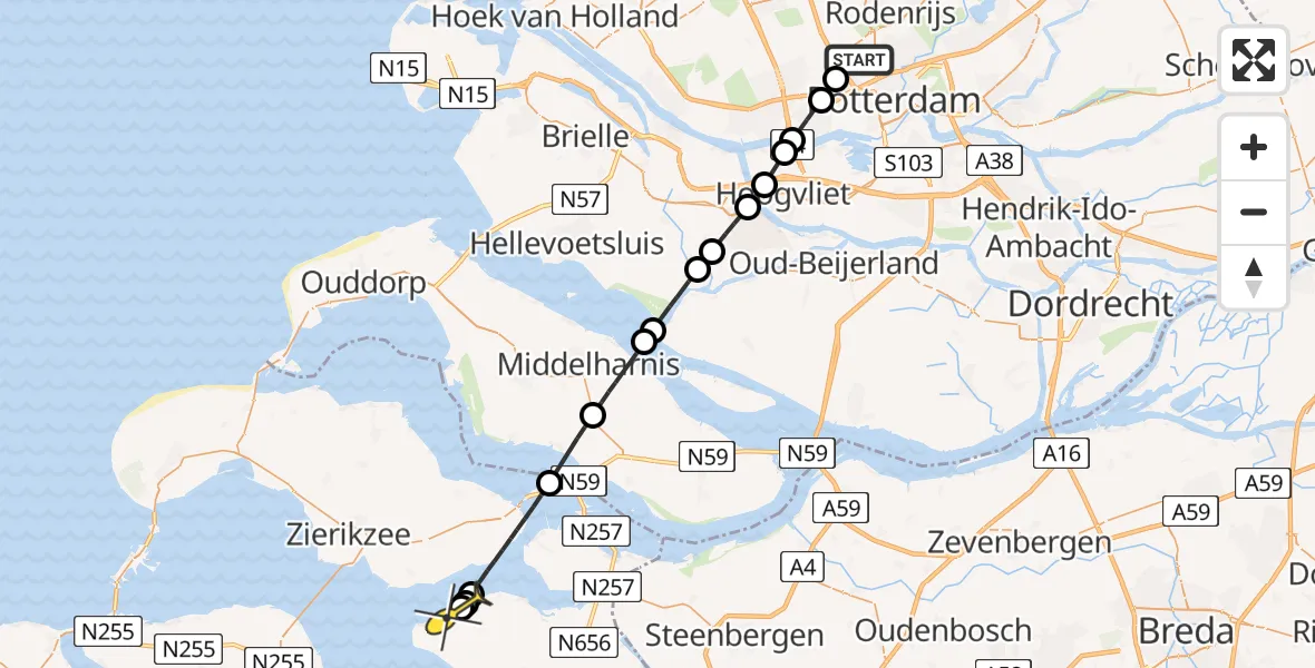 Routekaart van de vlucht: Lifeliner 2 naar Stavenisse, Rotterdam Airportbaan
