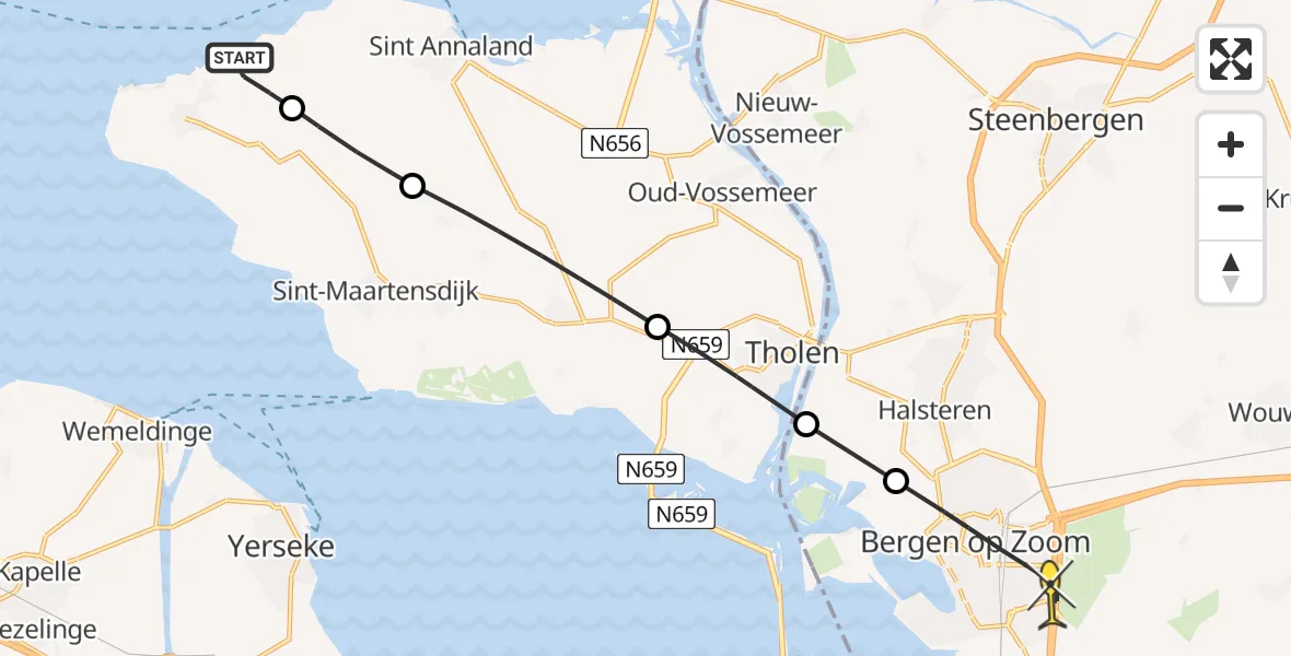 Routekaart van de vlucht: Lifeliner 2 naar Bergen op Zoom, Oudelandsedijk
