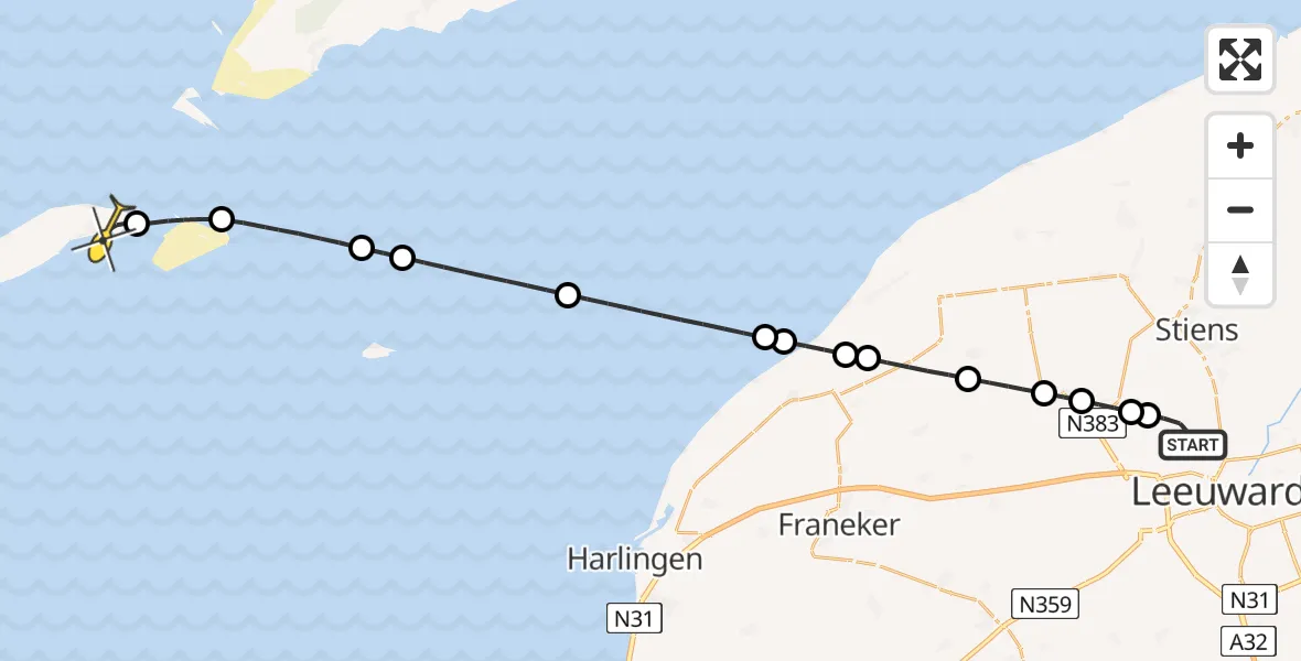 Routekaart van de vlucht: Ambulanceheli naar Vlieland Heliport, Dyksterhuzen