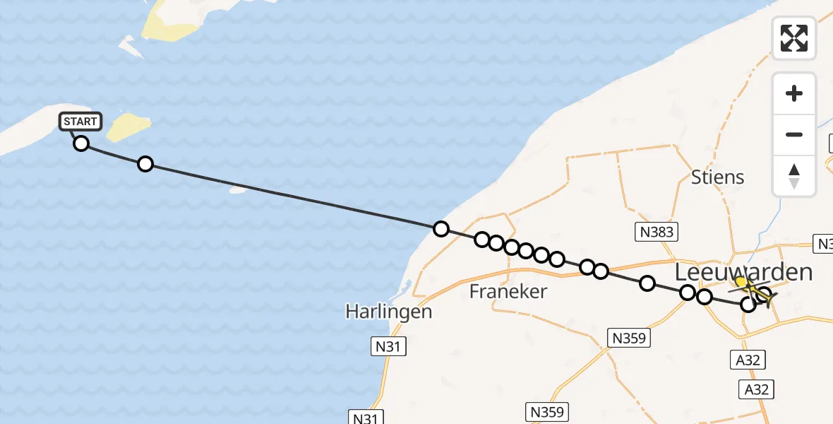 Routekaart van de vlucht: Ambulancehelikopter naar Leeuwarden, Dorpsstraat