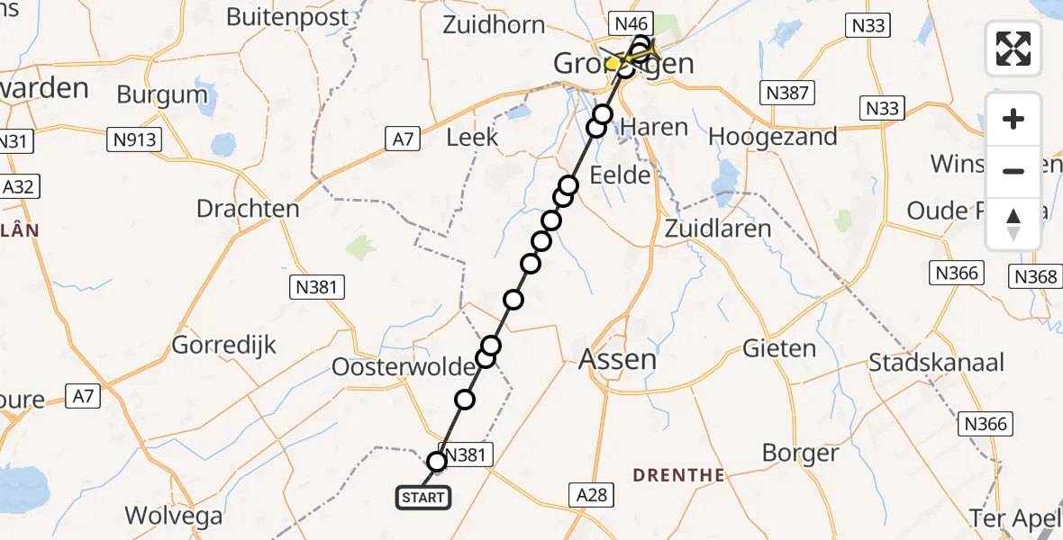 Routekaart van de vlucht: Lifeliner 4 naar Universitair Medisch Centrum Groningen, Oude Willemsweg