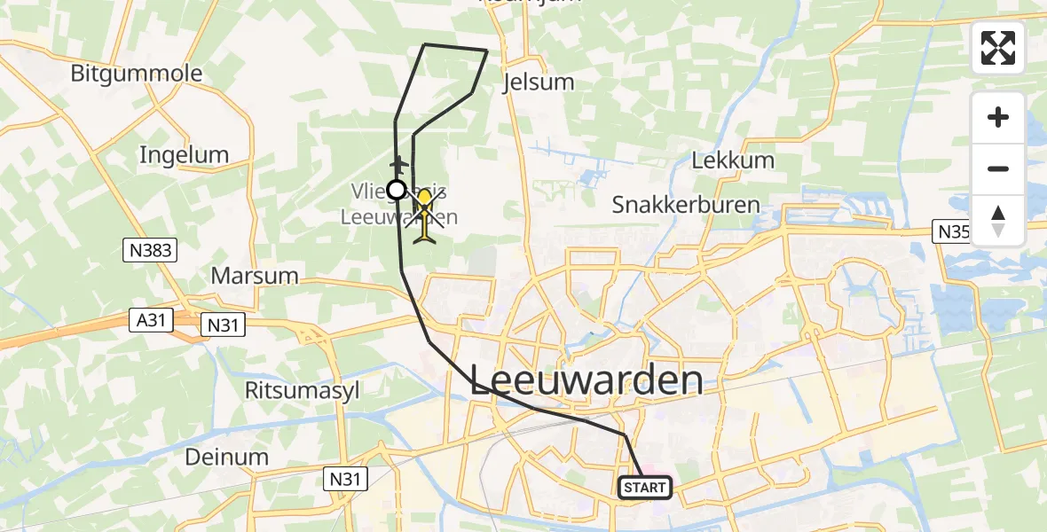 Routekaart van de vlucht: Ambulancehelikopter naar Vliegbasis Leeuwarden, Borniastraat
