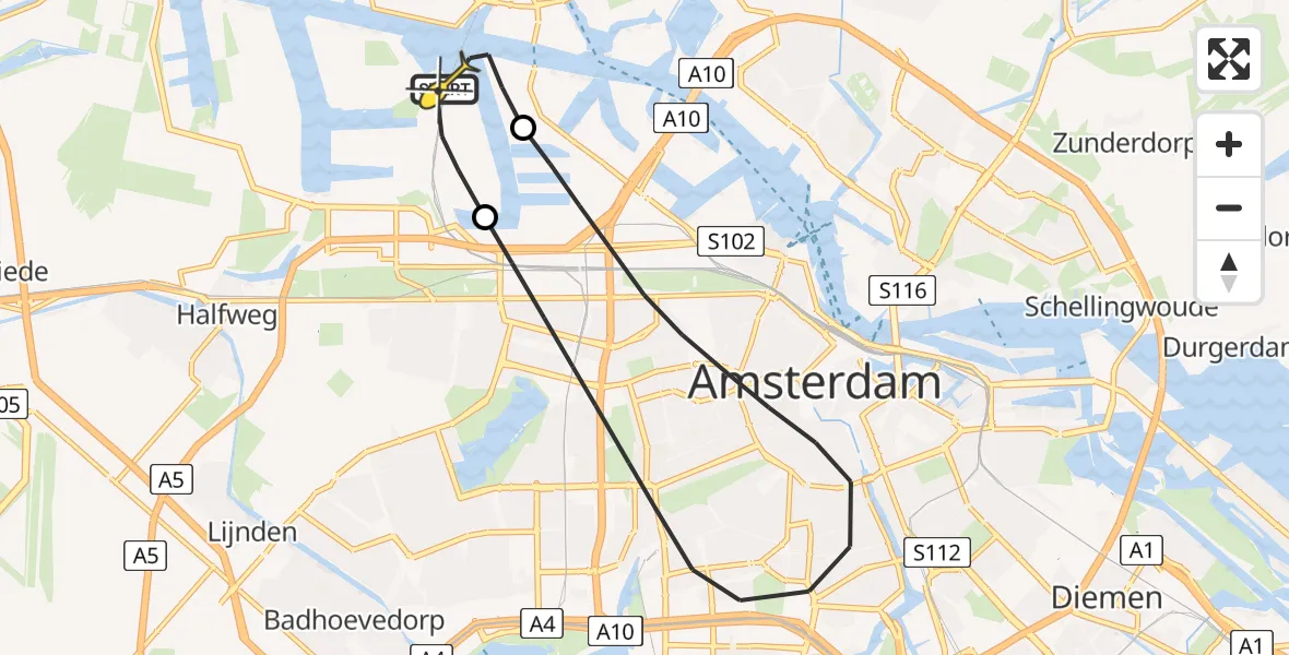 Routekaart van de vlucht: Lifeliner 1 naar Amsterdam Heliport, Corsicaweg