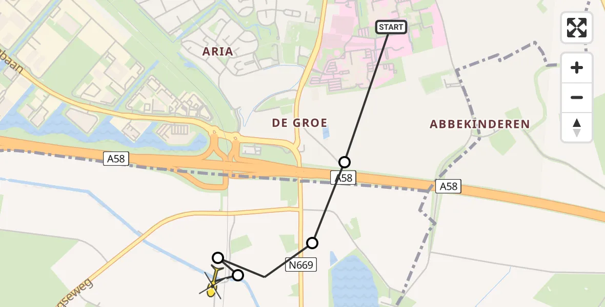 Routekaart van de vlucht: Lifeliner 2 naar 's-Heer Abtskerke, 's-Heer Abtskerksezandweg