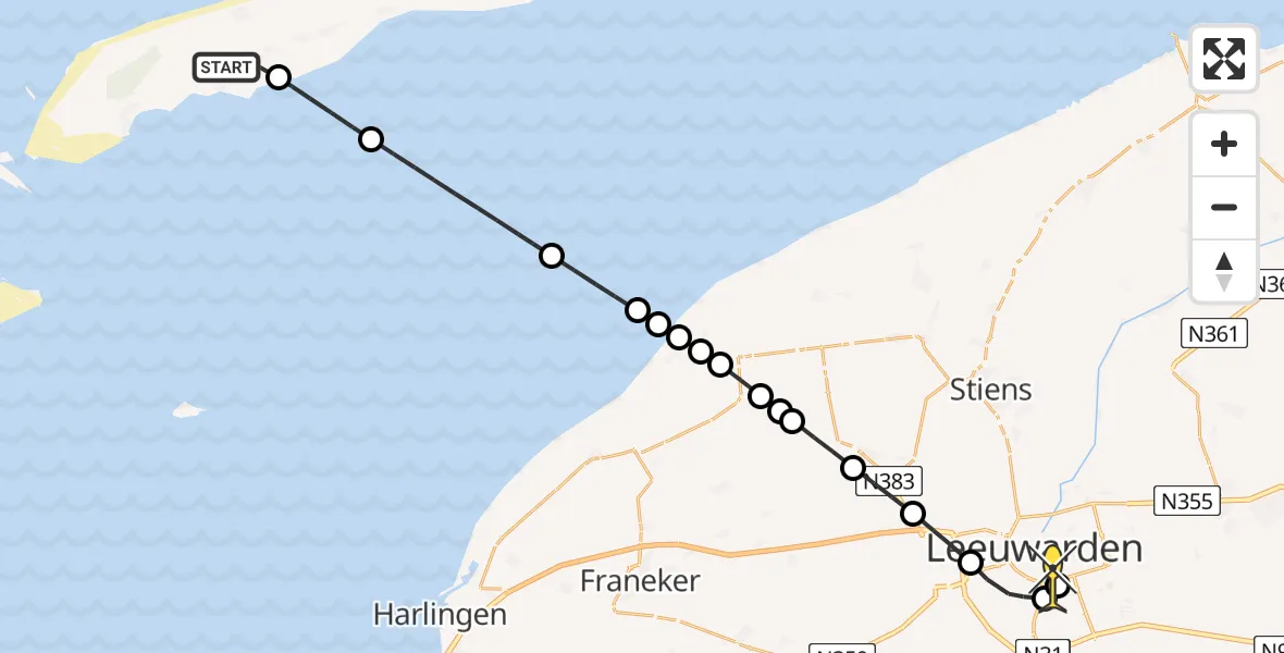 Routekaart van de vlucht: Ambulancehelikopter naar Leeuwarden, Westerkeijnweg
