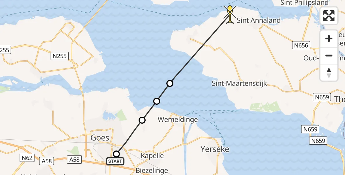 Routekaart van de vlucht: Lifeliner 2 naar Sint-Annaland, Oostmolenweg