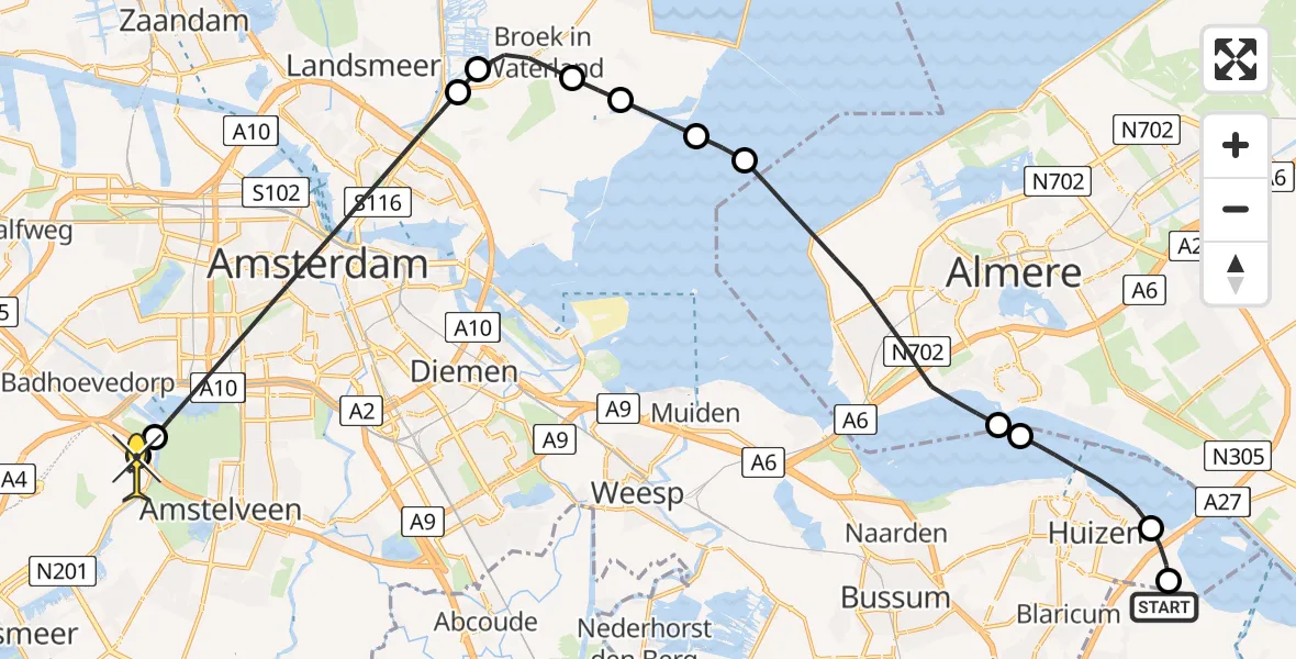Routekaart van de vlucht: Politieheli naar Schiphol, Oostermeent
