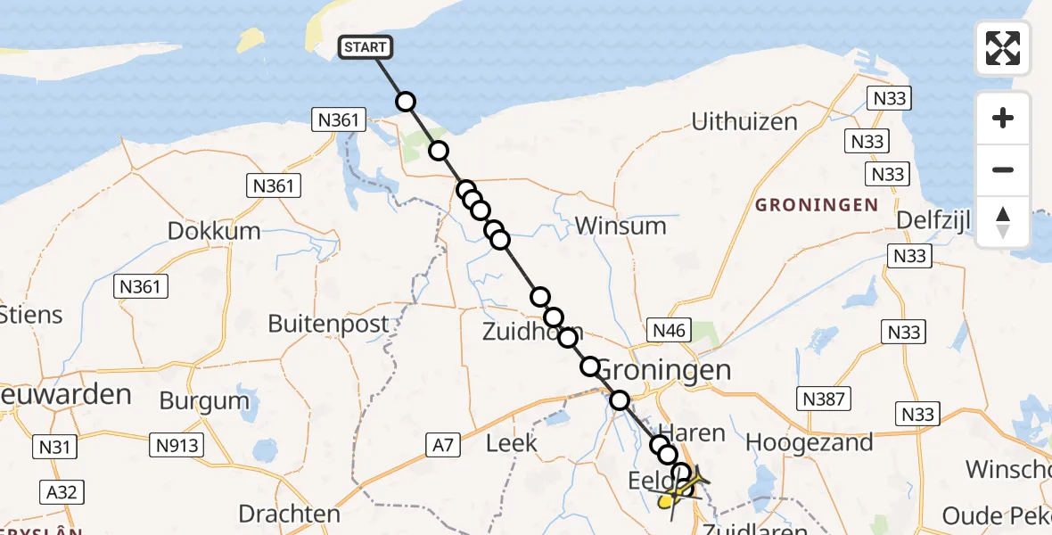 Routekaart van de vlucht: Ambulancehelikopter naar Groningen Airport Eelde, Burgemeester J.G. Legroweg