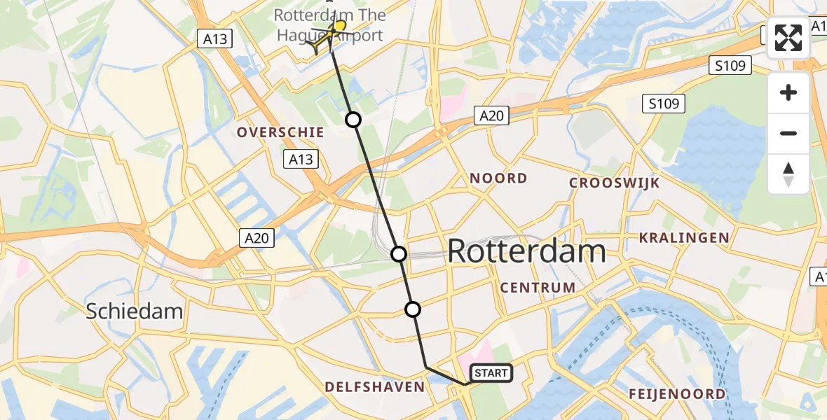Routekaart van de vlucht: Lifeliner 2 naar Rotterdam The Hague Airport, Rochussenstraat