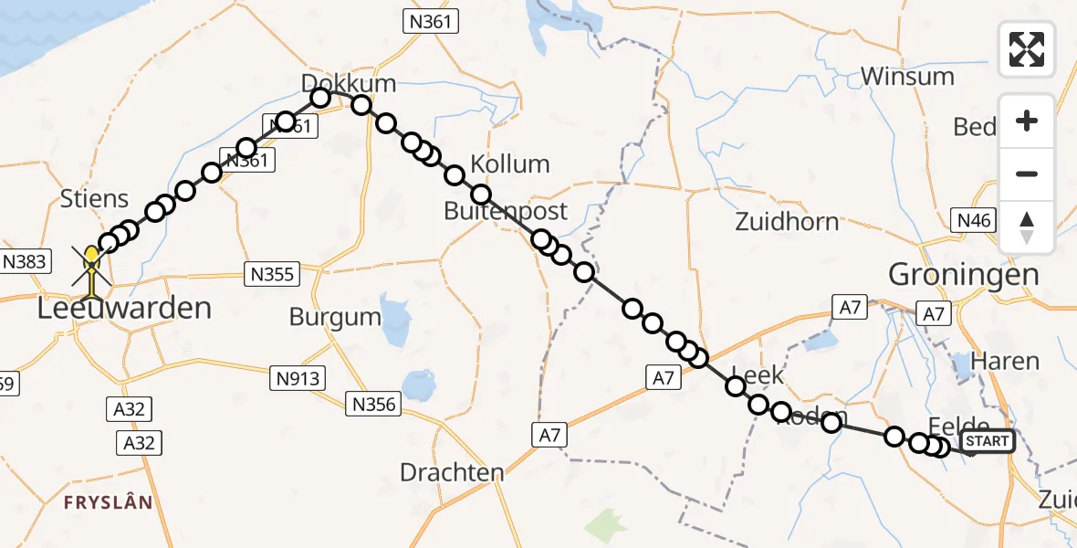 Routekaart van de vlucht: Ambulancehelikopter naar Vliegbasis Leeuwarden, Moespot