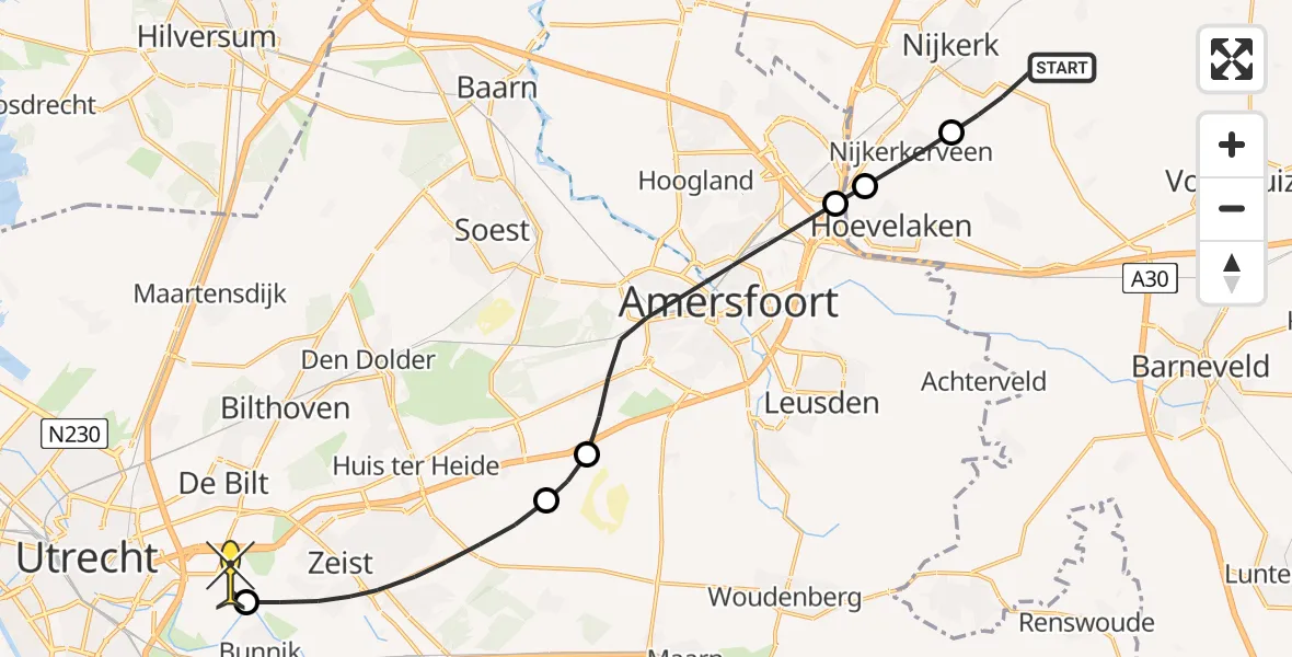 Routekaart van de vlucht: Lifeliner 1 naar Universitair Medisch Centrum Utrecht, Balkenschoten