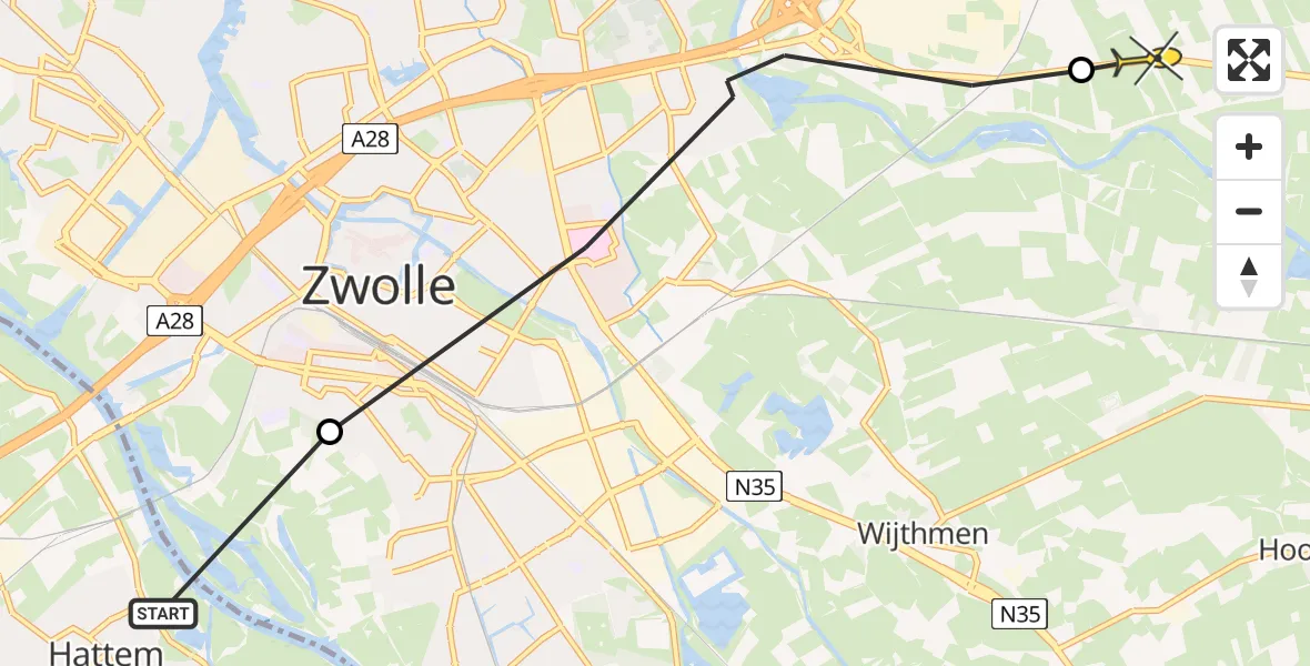 Routekaart van de vlucht: Politiehelikopter naar Dalfsen, Zandweteringpad