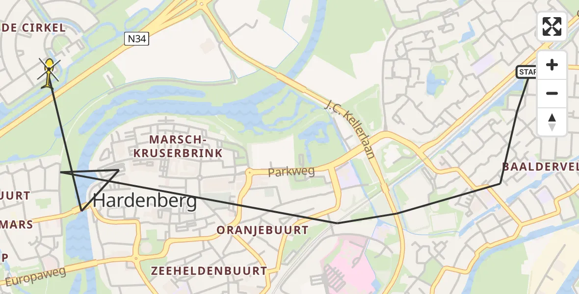 Routekaart van de vlucht: Politieheli naar Hardenberg, J.C. Kellerlaan