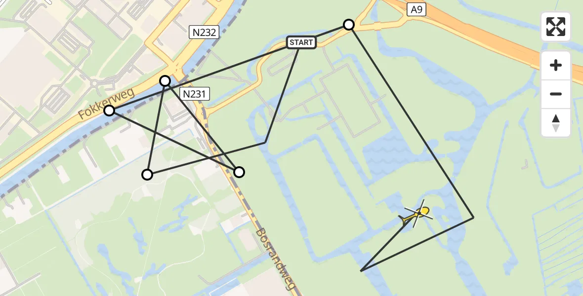 Routekaart van de vlucht: Politieheli naar Amstelveen, Fokkerweg