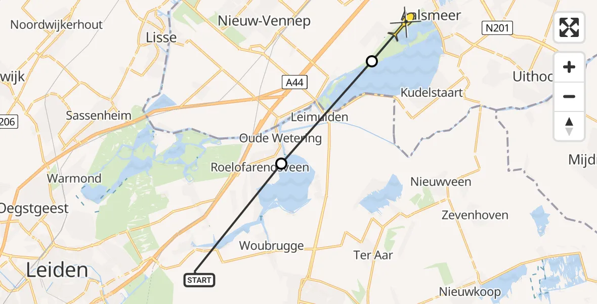 Routekaart van de vlucht: Politieheli naar Aalsmeer, Plantage