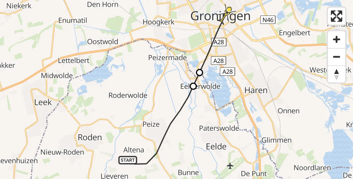 Routekaart van de vlucht: Lifeliner 4 naar Universitair Medisch Centrum Groningen, Verkavelingsweg