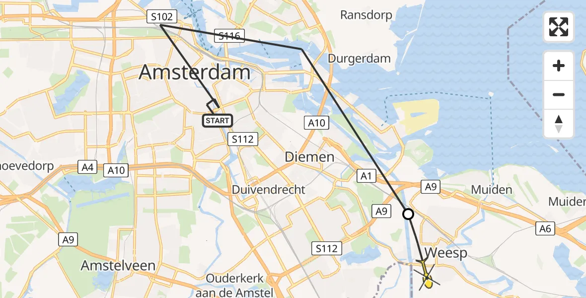 Routekaart van de vlucht: Politiehelikopter naar Weesp, Amsterdam Zaanstraat