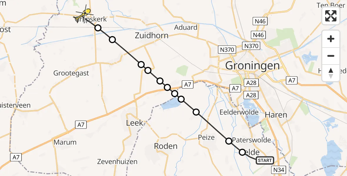 Routekaart van de vlucht: Lifeliner 4 naar Grijpskerk, Fanerweg