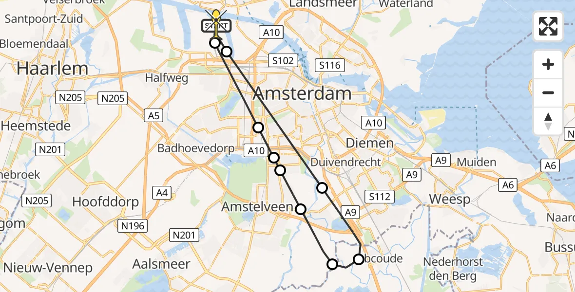 Routekaart van de vlucht: Lifeliner 1 naar Amsterdam Heliport, Sardiniëweg