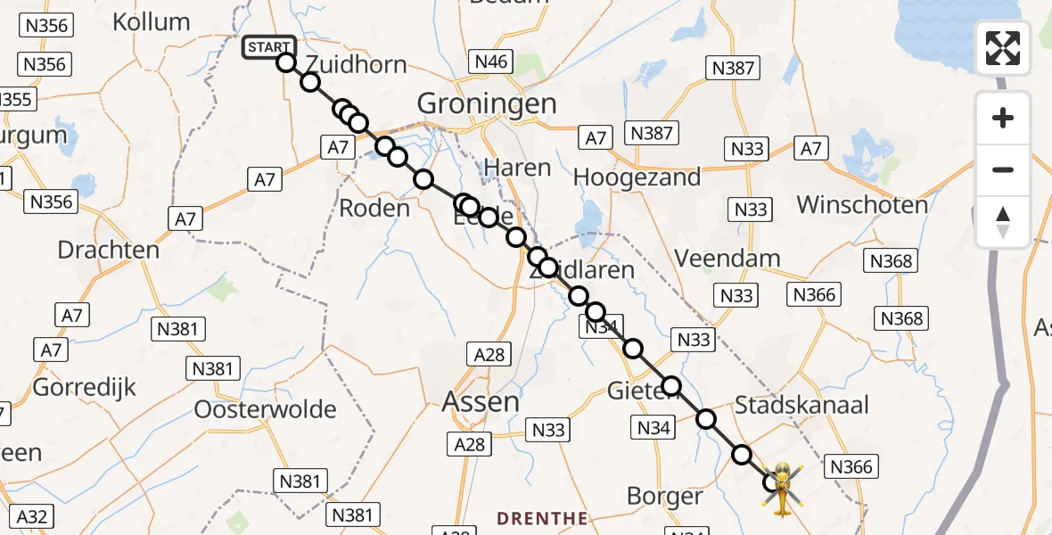 Vluchtroute Traumahelikopter Grijpskerk - 1e Exloërmond, 11 augustus 2025, 07:46