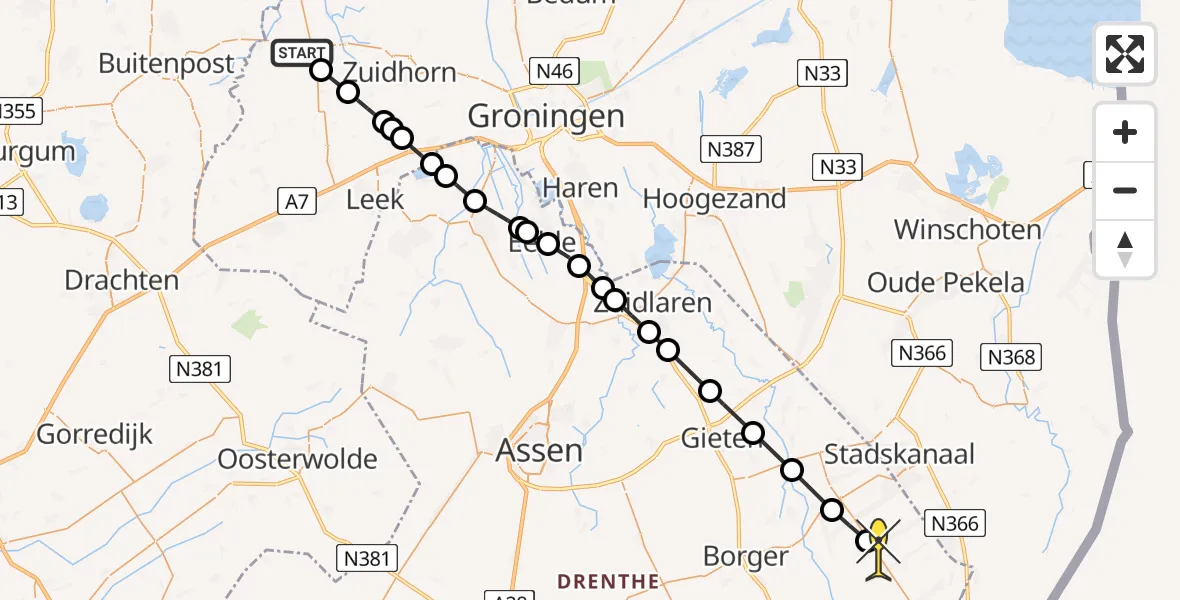 Routekaart van de vlucht: Lifeliner 4 naar 1e Exloërmond, Zandumerweg