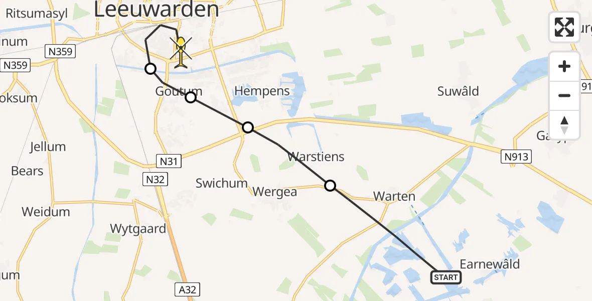 Routekaart van de vlucht: Ambulanceheli naar Leeuwarden, Saiterpetten