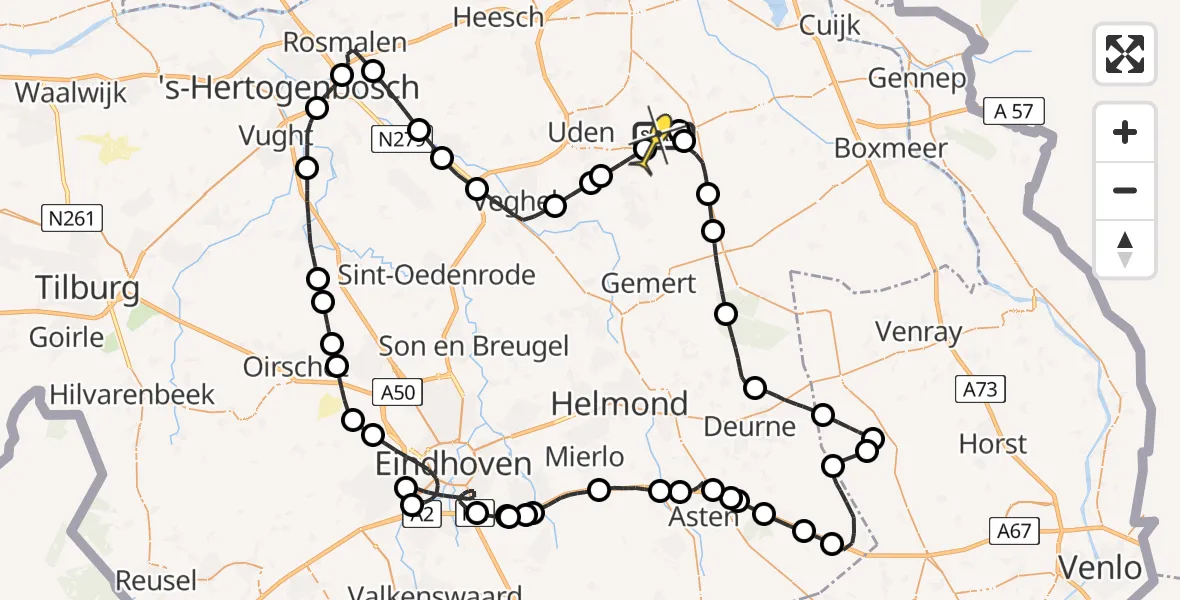Vluchtroute Politiehelikopter van Vliegbasis Volkel naar Vliegbasis Volkel