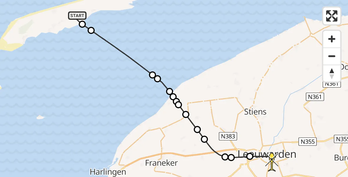 Vluchtroute Ambulancehelikopter van Hoorn naar Leeuwarden
