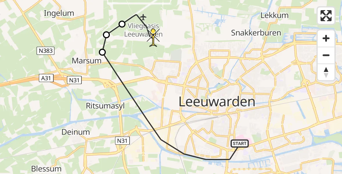 Routekaart van de vlucht: Ambulancehelikopter naar Vliegbasis Leeuwarden, Nijlânsdyk