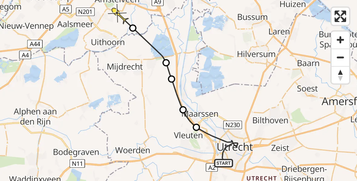 Routekaart van de vlucht: Politiehelikopter naar Amstelveen, Vrieslantlaan