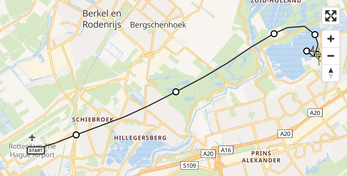 Routekaart van de vlucht: Lifeliner 2 naar Rotterdam, Fairoaksbaan