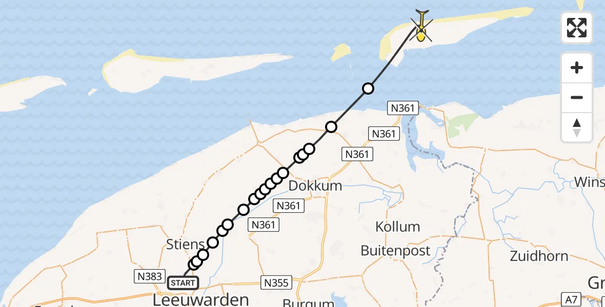 Routekaart van de vlucht: Ambulancehelikopter naar Schiermonnikoog, Boarnsylsterwei