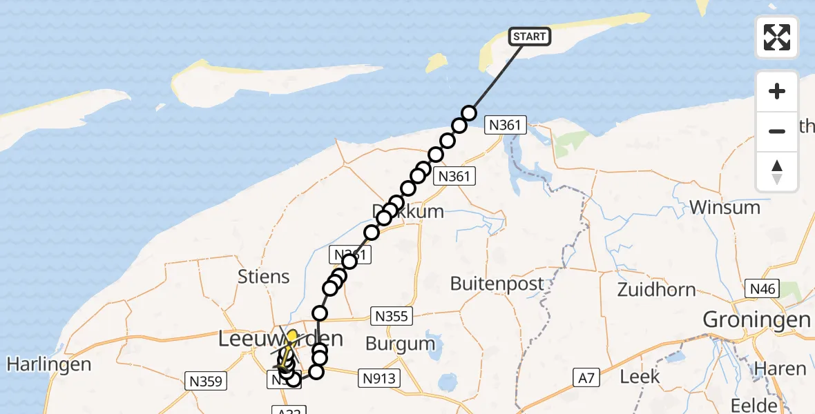 Routekaart van de vlucht: Ambulancehelikopter naar Leeuwarden, Kooiweg