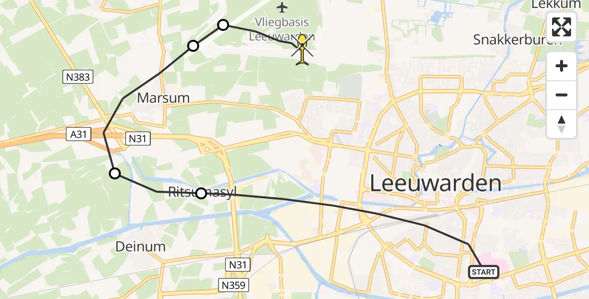 Routekaart van de vlucht: Ambulanceheli naar Vliegbasis Leeuwarden, Wijnhornsterstraat