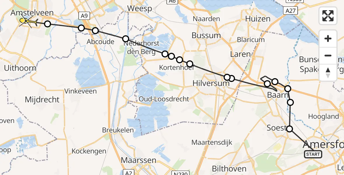 Routekaart van de vlucht: Politieheli naar Amstelveen, Peter van den Breemerweg