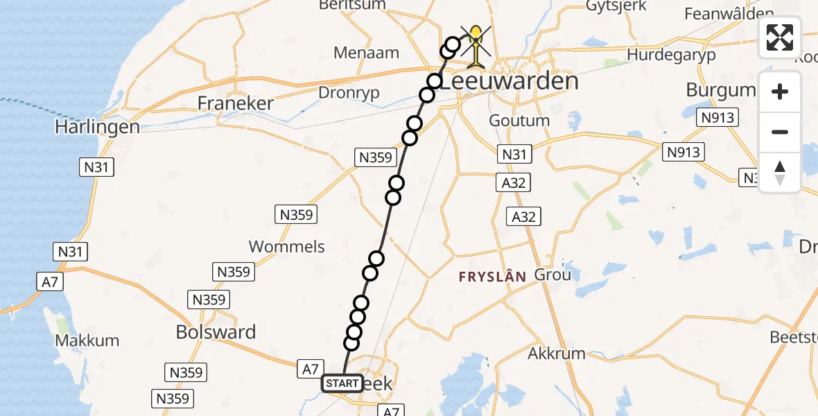 Routekaart van de vlucht: Ambulancehelikopter naar Vliegbasis Leeuwarden, Stadsrondweg-Noord