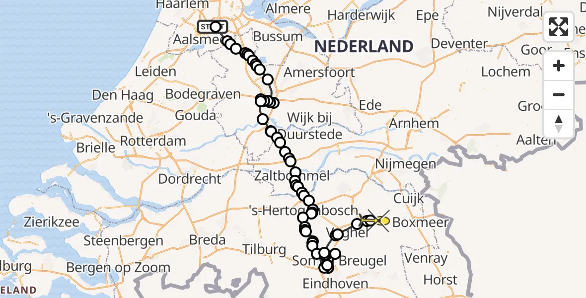 Vluchtroute Politiehelikopter van Schiphol naar Vliegbasis Volkel