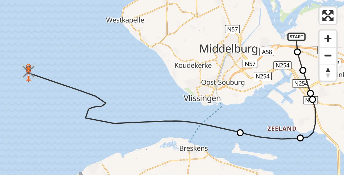 Vluchtroute Kustwachthelikopter Vliegveld Midden-Zeeland - , 12 augustus 2025, 07:41