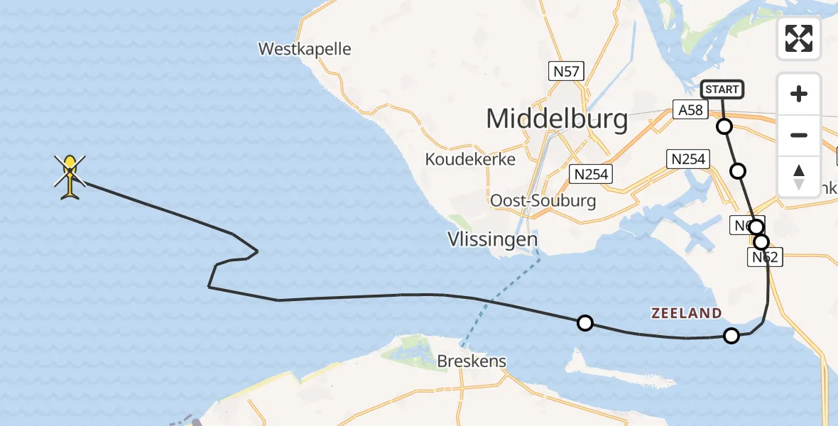 Routekaart van de vlucht: Kustwachthelikopter naar Noord Kraaijertsedijk