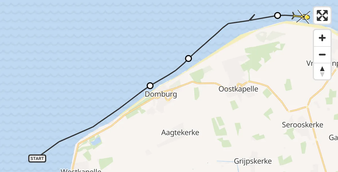 Routekaart van de vlucht: Kustwachthelikopter naar Vrouwenpolder, Duinvlietweg