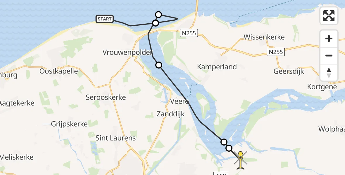Routekaart van de vlucht: Kustwachthelikopter naar Vliegveld Midden-Zeeland, Campensweg
