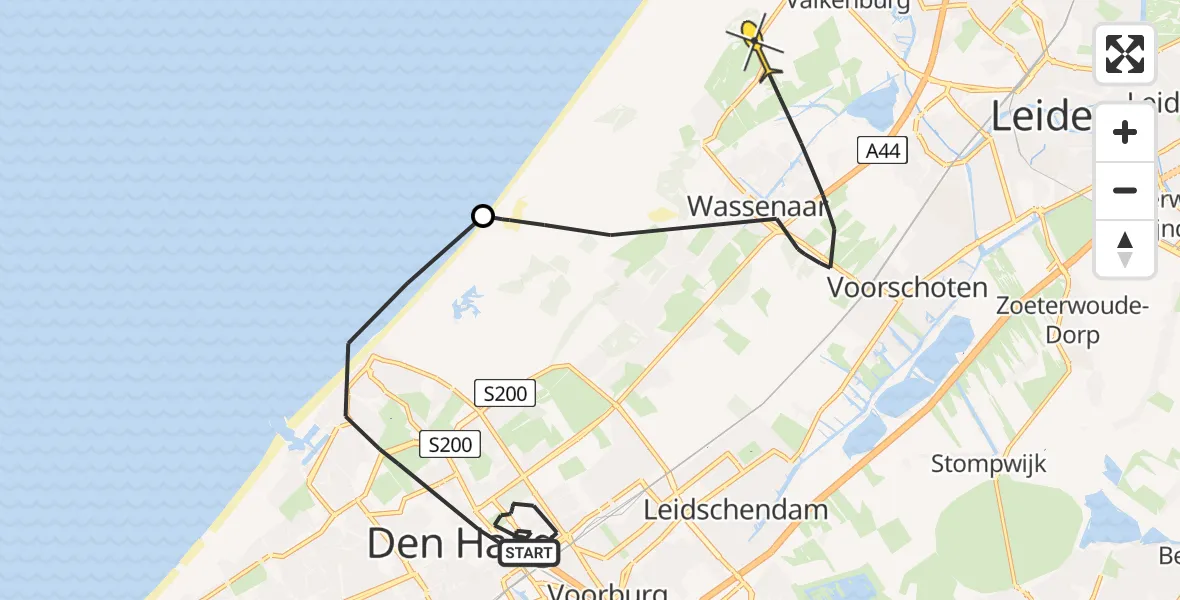Routekaart van de vlucht: Politiehelikopter naar Katwijk, 3e Louise de Colignystraat