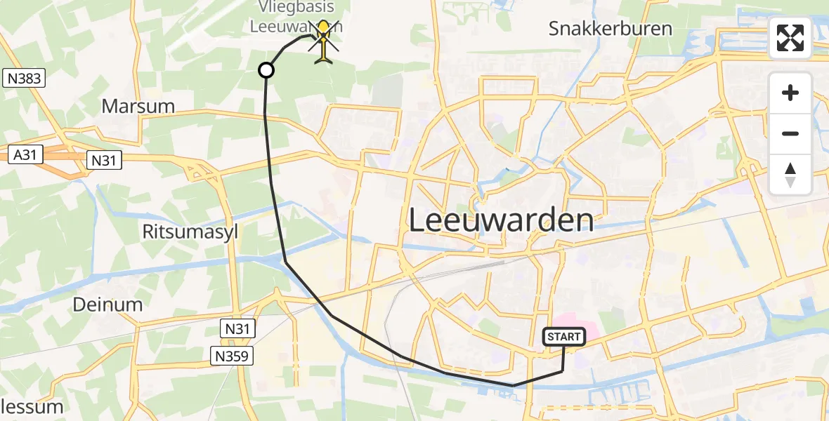 Routekaart van de vlucht: Ambulanceheli naar Vliegbasis Leeuwarden, Aldlânsdyk