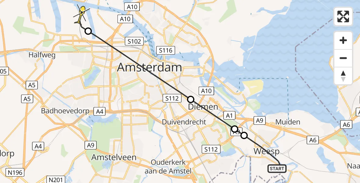 Routekaart van de vlucht: Lifeliner 1 naar Amsterdam Heliport, H.J.Hoflandlaan